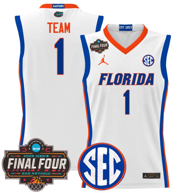Men Florida Gators #1 Team white 2025 Final Four Patch NCAA Jersey style 3